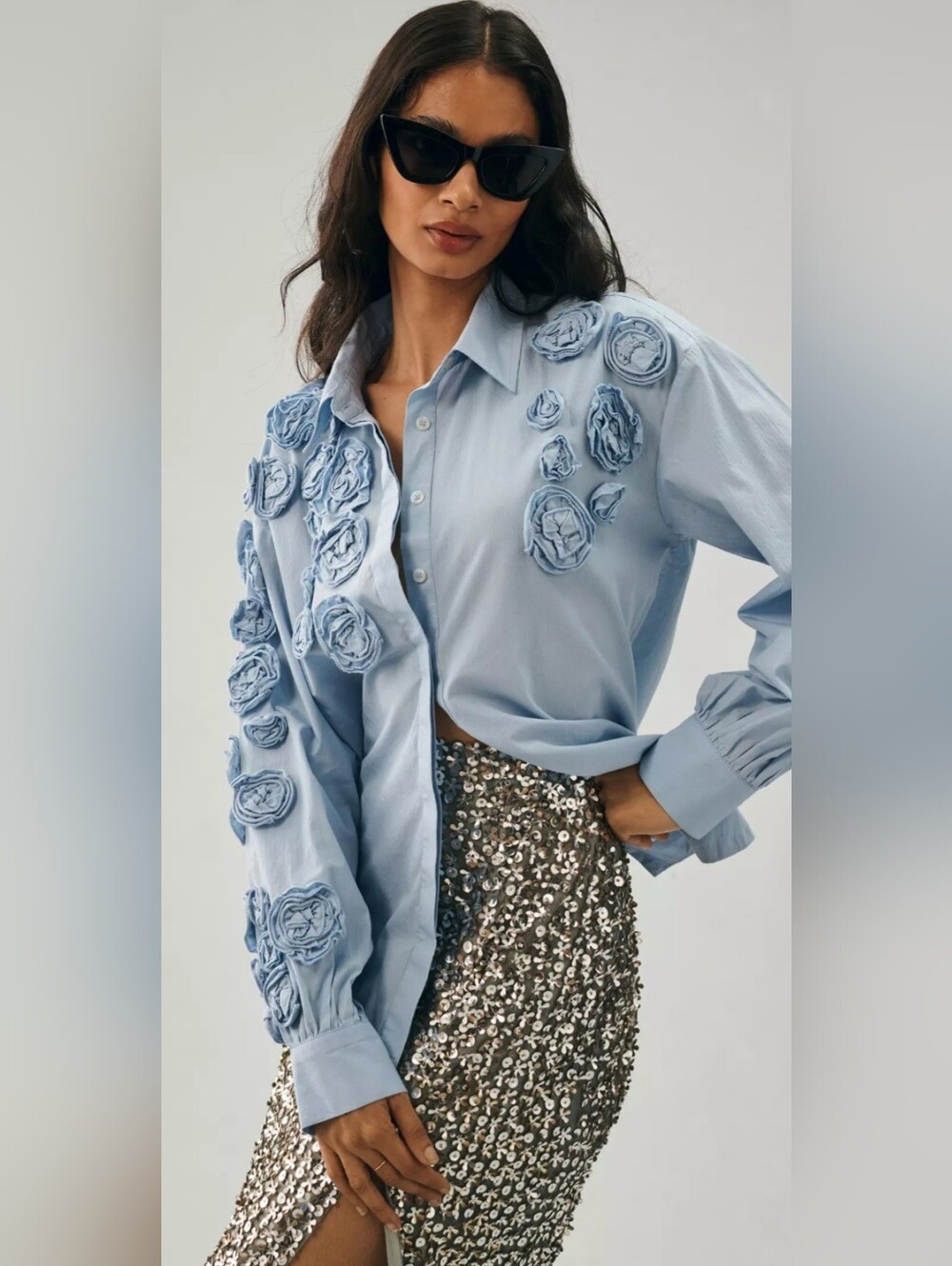 Anthropologie Sky Blue Rosette Button-Down Shirt